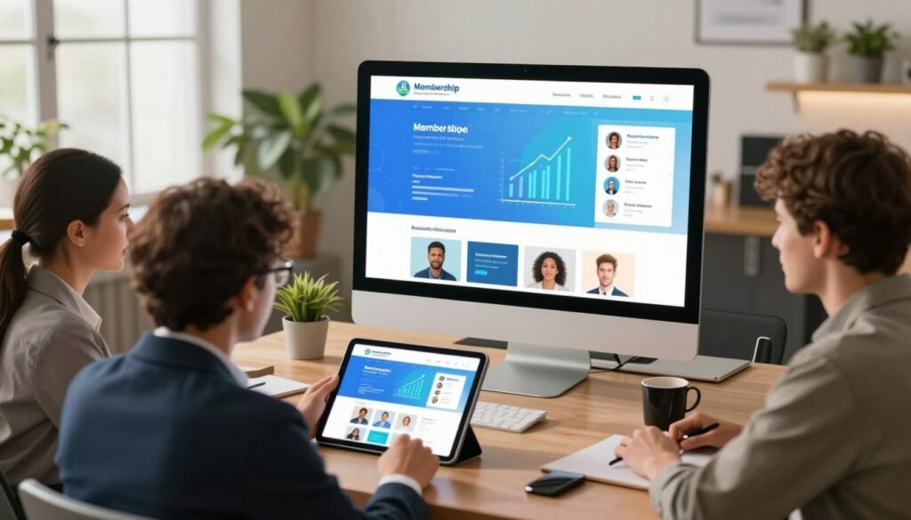 A visually engaging illustration of a modern membership site capabilities concept. In the foreground, a diverse group of professional individuals in business attire engage around a sleek digital tablet displaying a vibrant interface of a membership site. In the middle, a large, futuristic computer screen shows graphs and community engagement metrics, emphasizing the features such as forums, content libraries, and member profiles. In the background, a cozy, well-lit office environment with indoor plants and large windows invites a sense of collaboration and community. Soft, warm lighting adds an inviting atmosphere, while a wide-angle lens captures the depth of the scene, creating a professional yet welcoming mood that reflects the spirit of building a community online. A visually engaging illustration of a modern membership site capabilities concept. In the foreground, a diverse group of professional individuals in business attire engage around a sleek digital tablet displaying a vibrant interface of a membership site. In the middle, a large, futuristic computer screen shows graphs and community engagement metrics, emphasizing the features such as forums, content libraries, and member profiles. In the background, a cozy, well-lit office environment with indoor plants and large windows invites a sense of collaboration and community. Soft, warm lighting adds an inviting atmosphere, while a wide-angle lens captures the depth of the scene, creating a professional yet welcoming mood that reflects the spirit of building a community online.