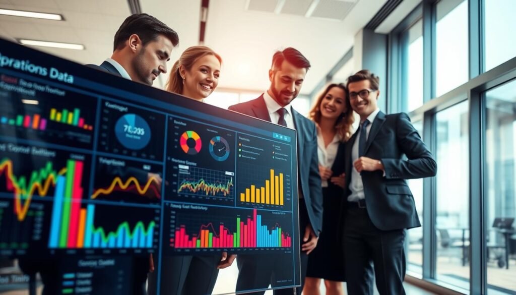 A visually engaging illustration of "operations data" in a sleek, modern office environment. In the foreground, a digital dashboard displays colorful graphs and analytics, indicating real-time operational metrics. Middle-ground features a diverse team of professionals in business attire, collaborating over a large, interactive touchscreen displaying flowcharts and data points. The background shows a contemporary office setting with large windows, allowing natural light to fill the space, creating a bright and inspiring atmosphere. Use a dynamic angle to capture the team’s expressions of concentration and teamwork. The overall mood is focused yet optimistic, emphasizing efficiency and clarity in workflow management. A visually engaging illustration of "operations data" in a sleek, modern office environment. In the foreground, a digital dashboard displays colorful graphs and analytics, indicating real-time operational metrics. Middle-ground features a diverse team of professionals in business attire, collaborating over a large, interactive touchscreen displaying flowcharts and data points. The background shows a contemporary office setting with large windows, allowing natural light to fill the space, creating a bright and inspiring atmosphere. Use a dynamic angle to capture the team’s expressions of concentration and teamwork. The overall mood is focused yet optimistic, emphasizing efficiency and clarity in workflow management.