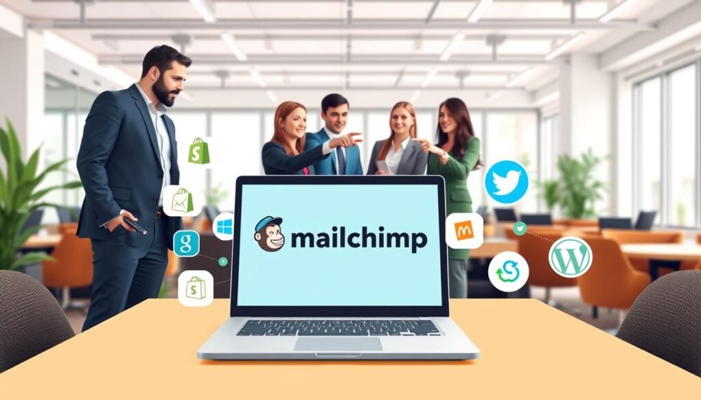 A visually engaging illustration representing the concept of "integrations" in digital marketing. In the foreground, a sleek laptop displays the Mailchimp interface, surrounded by various icons symbolizing popular platforms and tools like Shopify, WordPress, and social media logos. In the middle ground, a diverse group of professionals, dressed in smart business attire, collaborates around the laptop, pointing and discussing the integration process. In the background, a softly lit office environment, with modern decor and large windows allowing natural light to fill the space, enhances the atmosphere of innovation and teamwork. The overall mood is dynamic and productive, conveying the seamless connection of Mailchimp with other services. A visually engaging illustration representing the concept of "integrations" in digital marketing. In the foreground, a sleek laptop displays the Mailchimp interface, surrounded by various icons symbolizing popular platforms and tools like Shopify, WordPress, and social media logos. In the middle ground, a diverse group of professionals, dressed in smart business attire, collaborates around the laptop, pointing and discussing the integration process. In the background, a softly lit office environment, with modern decor and large windows allowing natural light to fill the space, enhances the atmosphere of innovation and teamwork. The overall mood is dynamic and productive, conveying the seamless connection of Mailchimp with other services.