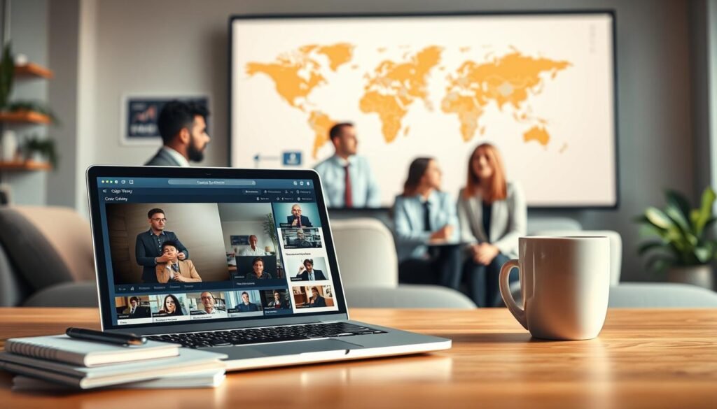 A visually engaging representation of an online course content landscape. In the foreground, display a neatly arranged digital workspace featuring a laptop with an open course interface showing video thumbnails and a vibrant course overview. Beside the laptop, include stationery like notebooks and a coffee cup to evoke a studious mood. In the middle, illustrate a diverse group of professional individuals in business attire engaged in a virtual class, discussing animatedly. In the background, add a large screen displaying graphical course topics and a world map to signify global reach. Soft, warm lighting creates an inviting and focused atmosphere, while a slight depth of field draws attention to the foreground elements. The angle captures the essence of modern online learning experiences. A visually engaging representation of an online course content landscape. In the foreground, display a neatly arranged digital workspace featuring a laptop with an open course interface showing video thumbnails and a vibrant course overview. Beside the laptop, include stationery like notebooks and a coffee cup to evoke a studious mood. In the middle, illustrate a diverse group of professional individuals in business attire engaged in a virtual class, discussing animatedly. In the background, add a large screen displaying graphical course topics and a world map to signify global reach. Soft, warm lighting creates an inviting and focused atmosphere, while a slight depth of field draws attention to the foreground elements. The angle captures the essence of modern online learning experiences.