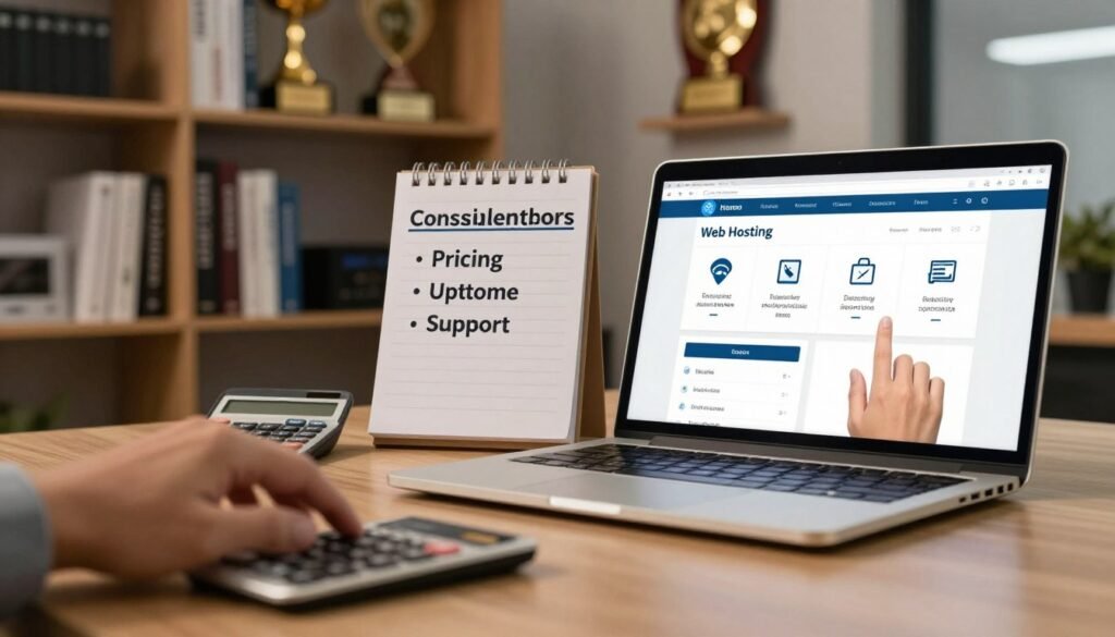 A visually engaging scene depicting the web hosting considerations and checkout process. In the foreground, a laptop displaying a user-friendly web hosting interface with icons for pricing, features, and plans. A hand hovers over the mouse, ready to click. The middle ground features a notepad with bullet points listing considerations like "Pricing," "Uptime," and "Support," alongside a calculator for quick budget calculations. In the background, a softly lit office environment with shelves filled with tech books and awards, evoking a professional atmosphere. The lighting is warm and inviting, inviting users to delve into the web hosting world. The angle highlights the laptop and notepad in an appealing composition, creating a sense of order and focus on decision-making without distractions. A visually engaging scene depicting the web hosting considerations and checkout process. In the foreground, a laptop displaying a user-friendly web hosting interface with icons for pricing, features, and plans. A hand hovers over the mouse, ready to click. The middle ground features a notepad with bullet points listing considerations like "Pricing," "Uptime," and "Support," alongside a calculator for quick budget calculations. In the background, a softly lit office environment with shelves filled with tech books and awards, evoking a professional atmosphere. The lighting is warm and inviting, inviting users to delve into the web hosting world. The angle highlights the laptop and notepad in an appealing composition, creating a sense of order and focus on decision-making without distractions.
