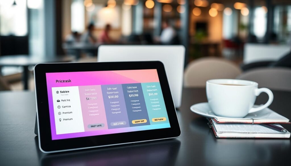 A visually striking composition focusing on pricing plans for a task management app. In the foreground, a modern digital tablet displays a sleek, colorful interface featuring various subscription tiers labeled "Basic," "Pro," and "Premium," along with their prices. The middle layer showcases a professional-looking workspace with a laptop, a notepad with notes, and a cup of coffee, suggesting a productive atmosphere. In the background, blurred images of a modern office setting with soft, warm lighting create a welcoming mood. The composition should evoke a sense of professionalism and curiosity, inviting the viewer to consider the value of the app. Use a wide-angle lens effect to enhance depth and perspective. A visually striking composition focusing on pricing plans for a task management app. In the foreground, a modern digital tablet displays a sleek, colorful interface featuring various subscription tiers labeled "Basic," "Pro," and "Premium," along with their prices. The middle layer showcases a professional-looking workspace with a laptop, a notepad with notes, and a cup of coffee, suggesting a productive atmosphere. In the background, blurred images of a modern office setting with soft, warm lighting create a welcoming mood. The composition should evoke a sense of professionalism and curiosity, inviting the viewer to consider the value of the app. Use a wide-angle lens effect to enhance depth and perspective.