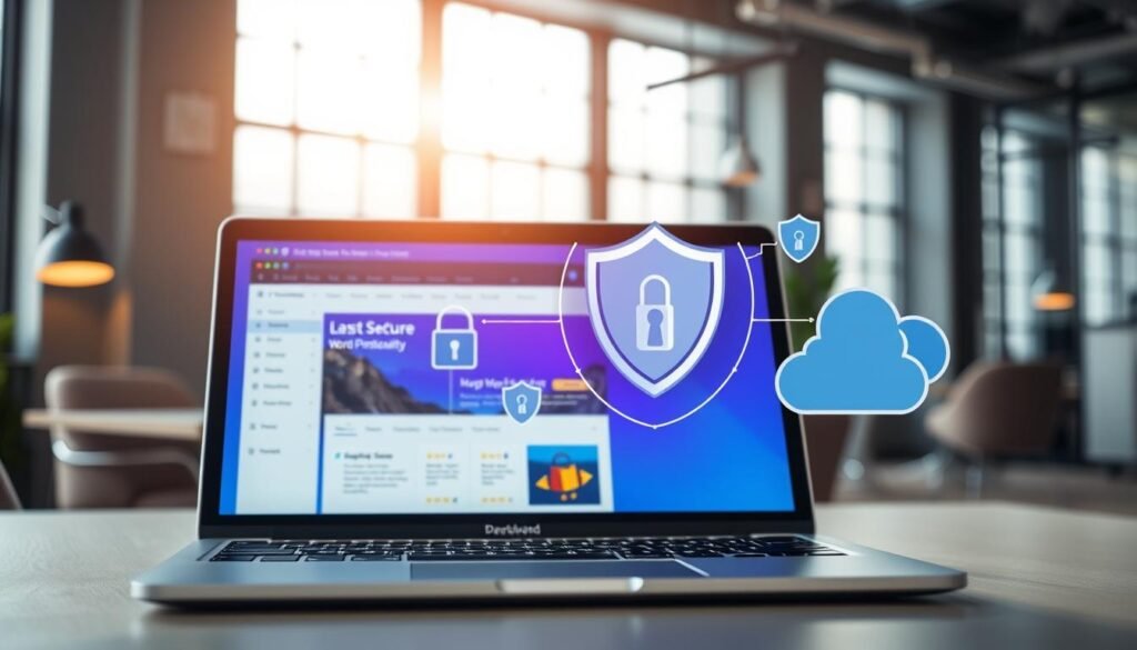 A visually striking composition showcasing the concept of managed WordPress hosting. In the foreground, a sleek, modern laptop with a vibrant screen displaying a secure website dashboard, indicating high-level security features. The middle layer includes a digital shield overlay symbolizing protection and encryption, with lock icons and a cloud server illustration nearby, conveying reliability. The background features a professional office environment with soft, natural lighting streaming through large windows, creating an inviting atmosphere. The mood is focused and secure, representing trust and professionalism. The scene should be clean and uncluttered, reflecting the effectiveness and efficiency of managed hosting services, without any text or logos. A visually striking composition showcasing the concept of managed WordPress hosting. In the foreground, a sleek, modern laptop with a vibrant screen displaying a secure website dashboard, indicating high-level security features. The middle layer includes a digital shield overlay symbolizing protection and encryption, with lock icons and a cloud server illustration nearby, conveying reliability. The background features a professional office environment with soft, natural lighting streaming through large windows, creating an inviting atmosphere. The mood is focused and secure, representing trust and professionalism. The scene should be clean and uncluttered, reflecting the effectiveness and efficiency of managed hosting services, without any text or logos.