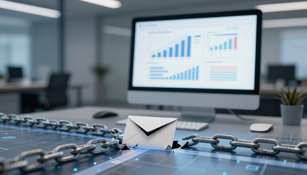 A visually striking depiction of digital marketing limitations, focusing on the theme of constraints and considerations in an email marketing platform. In the foreground, an abstract representation of broken chains or barriers symbolizing limitations, such as a cracked email envelope or blocked pathways in a digital landscape. In the middle ground, a sleek computer with graphs and analytics displayed on the screen, suggesting data constraints. The background features a soft-focus, futuristic office environment with muted lighting, creating a professional atmosphere. Use a depth of field lens effect to draw attention to the foreground elements while maintaining a clean, organized layout. The overall mood should evoke contemplation and awareness of potential challenges in utilizing email marketing tools. A visually striking depiction of digital marketing limitations, focusing on the theme of constraints and considerations in an email marketing platform. In the foreground, an abstract representation of broken chains or barriers symbolizing limitations, such as a cracked email envelope or blocked pathways in a digital landscape. In the middle ground, a sleek computer with graphs and analytics displayed on the screen, suggesting data constraints. The background features a soft-focus, futuristic office environment with muted lighting, creating a professional atmosphere. Use a depth of field lens effect to draw attention to the foreground elements while maintaining a clean, organized layout. The overall mood should evoke contemplation and awareness of potential challenges in utilizing email marketing tools.