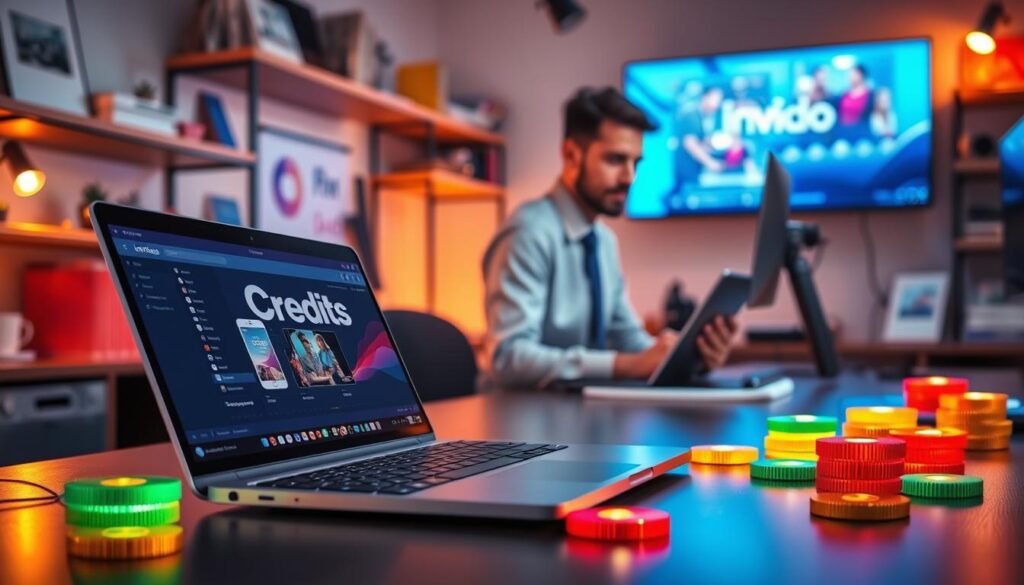 A visually striking digital illustration depicting the concept of "Credits" in a video editing context, showcasing a vibrant and modern workspace. In the foreground, there is a sleek laptop with the Invideo interface displayed, emphasizing the credits system. Surrounding the laptop are colorful credit tokens representing different video editing services, glowing gently. In the middle ground, a professional-looking person in business attire is actively engaged in editing, with thoughtful expression and hands on the keyboard. The background features soft-focused shelves with video editing tools and creative materials, casting warm ambient light throughout the scene. Use a wide-angle lens to capture the depth and detail, creating a productive yet inviting atmosphere. A visually striking digital illustration depicting the concept of "Credits" in a video editing context, showcasing a vibrant and modern workspace. In the foreground, there is a sleek laptop with the Invideo interface displayed, emphasizing the credits system. Surrounding the laptop are colorful credit tokens representing different video editing services, glowing gently. In the middle ground, a professional-looking person in business attire is actively engaged in editing, with thoughtful expression and hands on the keyboard. The background features soft-focused shelves with video editing tools and creative materials, casting warm ambient light throughout the scene. Use a wide-angle lens to capture the depth and detail, creating a productive yet inviting atmosphere.