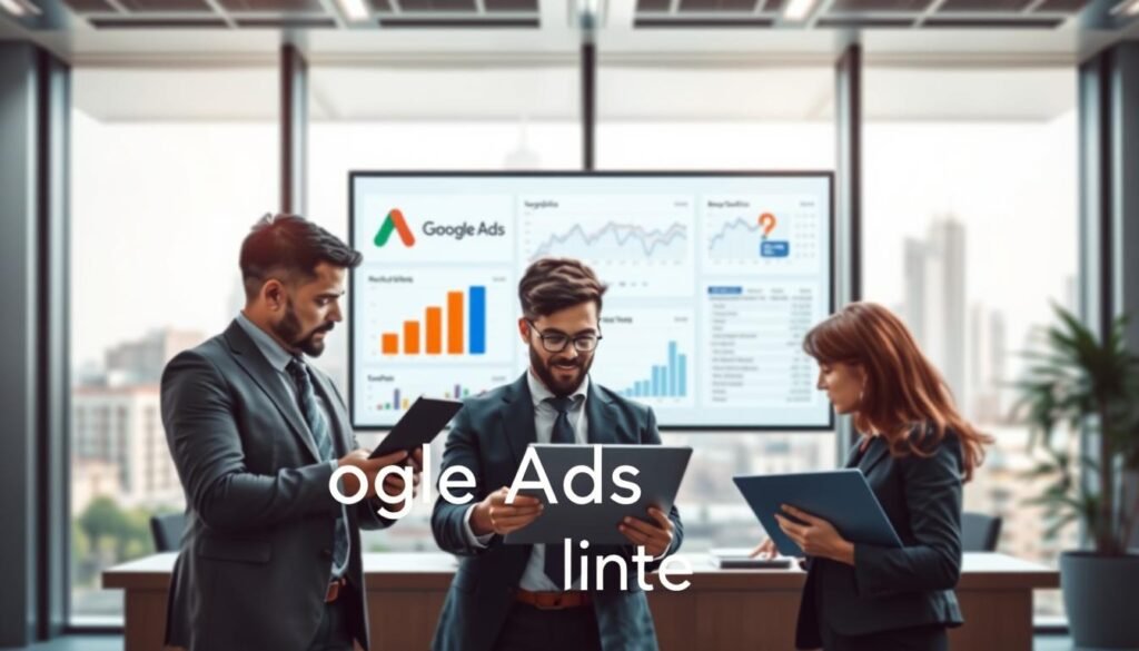 A visually striking digital illustration representing "Google Ads Integration." In the foreground, show a modern office setting with a diverse group of three business professionals, two men and one woman, analyzing data on a laptop and tablet. They are dressed in smart business attire, focused and engaged. In the middle, depict a large monitor displaying graphs and charts related to digital marketing metrics, with Google Ads and Google Analytics logos visible. The background features a sleek office environment with a blurred view of a city skyline through large windows, providing a dynamic atmosphere. Soft natural light floods the room, enhancing the professionalism. The overall mood should convey collaboration, innovation, and the power of data analytics in marketing optimization. A visually striking digital illustration representing "Google Ads Integration." In the foreground, show a modern office setting with a diverse group of three business professionals, two men and one woman, analyzing data on a laptop and tablet. They are dressed in smart business attire, focused and engaged. In the middle, depict a large monitor displaying graphs and charts related to digital marketing metrics, with Google Ads and Google Analytics logos visible. The background features a sleek office environment with a blurred view of a city skyline through large windows, providing a dynamic atmosphere. Soft natural light floods the room, enhancing the professionalism. The overall mood should convey collaboration, innovation, and the power of data analytics in marketing optimization.