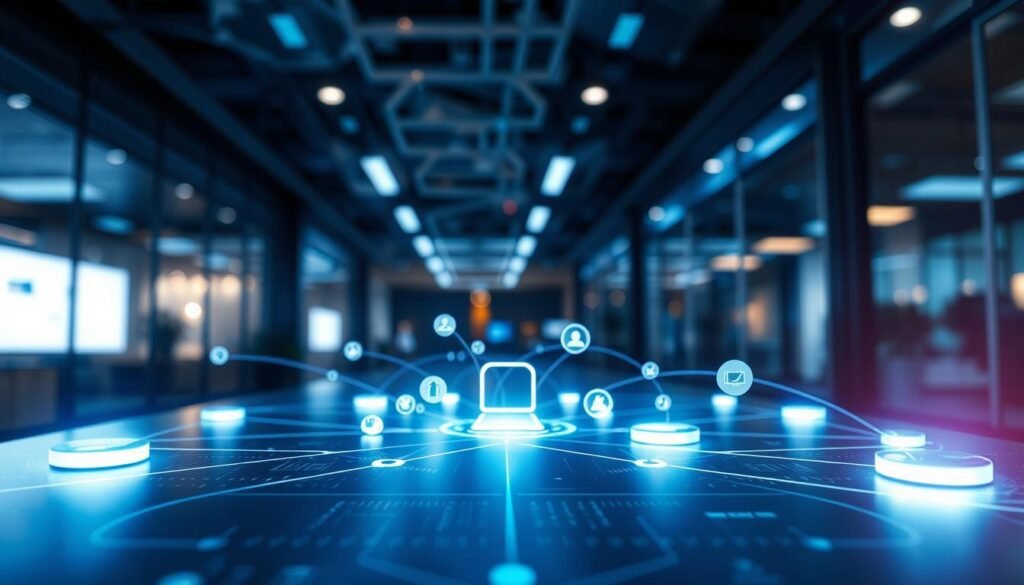 A visually striking digital representation of "triggers" in a workflow context. In the foreground, a sleek, modern interface with interconnected nodes symbolizing triggers, illuminated by a soft blue glow. The middle ground features abstract icons representing different actions and tasks, creatively arranged to suggest dynamic movement and automation. In the background, a blurred, high-tech office setting with subtle hints of glass walls and digital screens, bathed in ambient lighting that evokes a sense of innovation. The overall atmosphere is futuristic and professional, conveying efficiency and clarity. Use a wide-angle lens perspective to capture depth, enhancing the sense of workflow fluidity between real-time execution and scheduled tasks. A visually striking digital representation of "triggers" in a workflow context. In the foreground, a sleek, modern interface with interconnected nodes symbolizing triggers, illuminated by a soft blue glow. The middle ground features abstract icons representing different actions and tasks, creatively arranged to suggest dynamic movement and automation. In the background, a blurred, high-tech office setting with subtle hints of glass walls and digital screens, bathed in ambient lighting that evokes a sense of innovation. The overall atmosphere is futuristic and professional, conveying efficiency and clarity. Use a wide-angle lens perspective to capture depth, enhancing the sense of workflow fluidity between real-time execution and scheduled tasks.