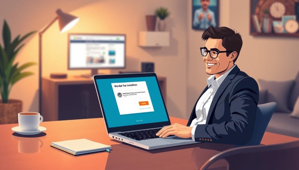 A visually striking illustration depicting the process of installing WordPress on HostGator. In the foreground, a modern laptop sits open, displaying the WordPress installation screen with vibrant colors and user-friendly interface elements. The user, dressed in professional business attire, is focused on the laptop, with a slight smile indicating ease of use. In the middle ground, there is a tidy workspace with a notepad, a cup of coffee, and a desktop computer showcasing the HostGator website on its screen. The background features a cozy, well-lit home office environment with warm lighting that creates an inviting atmosphere. Soft shadows enhance depth, and a subtle bokeh effect blurs the background details, emphasizing the installation process on the laptop. Overall, the image conveys a sense of simplicity, efficiency, and professionalism in setting up a WordPress site. A visually striking illustration depicting the process of installing WordPress on HostGator. In the foreground, a modern laptop sits open, displaying the WordPress installation screen with vibrant colors and user-friendly interface elements. The user, dressed in professional business attire, is focused on the laptop, with a slight smile indicating ease of use. In the middle ground, there is a tidy workspace with a notepad, a cup of coffee, and a desktop computer showcasing the HostGator website on its screen. The background features a cozy, well-lit home office environment with warm lighting that creates an inviting atmosphere. Soft shadows enhance depth, and a subtle bokeh effect blurs the background details, emphasizing the installation process on the laptop. Overall, the image conveys a sense of simplicity, efficiency, and professionalism in setting up a WordPress site.