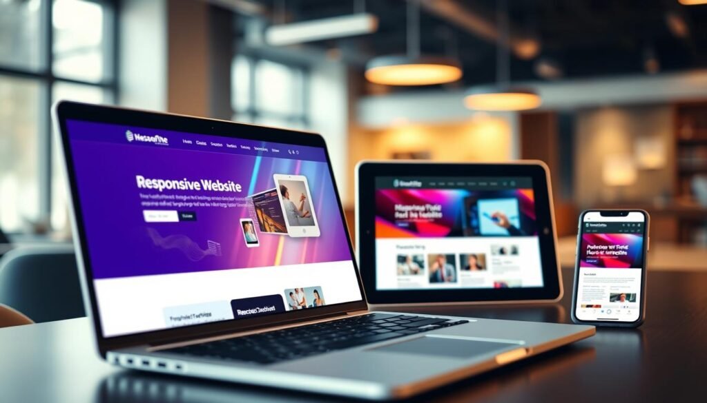 A visually striking image showcasing responsive websites on various devices, including laptops, tablets, and smartphones. In the foreground, a sleek laptop with a vibrant website displayed, surrounded by a tablet and smartphone, all featuring modern, clean designs. The middle layer includes subtle graphics representing coding elements, like lines of code and wireframes, to hint at the technology behind website creation. In the background, a soft-focus office environment with warm lighting creates a professional atmosphere. The angle emphasizes the devices from a slight above perspective, highlighting their screens. The overall mood conveys efficiency and innovation, suggesting a seamless and intuitive user experience for creating professional websites quickly and easily. A visually striking image showcasing responsive websites on various devices, including laptops, tablets, and smartphones. In the foreground, a sleek laptop with a vibrant website displayed, surrounded by a tablet and smartphone, all featuring modern, clean designs. The middle layer includes subtle graphics representing coding elements, like lines of code and wireframes, to hint at the technology behind website creation. In the background, a soft-focus office environment with warm lighting creates a professional atmosphere. The angle emphasizes the devices from a slight above perspective, highlighting their screens. The overall mood conveys efficiency and innovation, suggesting a seamless and intuitive user experience for creating professional websites quickly and easily.