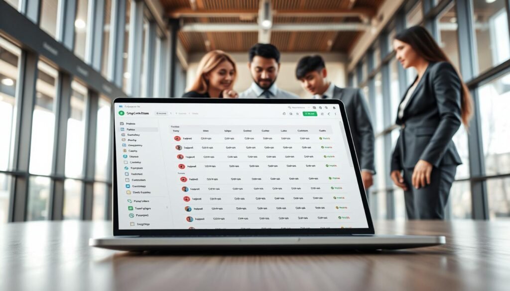 A visually striking representation of a modern contact database interface on a sleek digital device. In the foreground, an open laptop displays a vibrant, user-friendly database dashboard, showcasing neatly organized columns with icons representing various filters and data points. The middle layer features a diverse group of professionals, dressed in smart business attire, collaborating over the laptop and discussing potential clients, their expressions focused and engaged. The background is a contemporary office space with large windows, allowing natural light to illuminate the scene, creating a bright and productive atmosphere. The camera angle captures a dynamic perspective, emphasizing teamwork and the importance of precise data in identifying potential leads. A visually striking representation of a modern contact database interface on a sleek digital device. In the foreground, an open laptop displays a vibrant, user-friendly database dashboard, showcasing neatly organized columns with icons representing various filters and data points. The middle layer features a diverse group of professionals, dressed in smart business attire, collaborating over the laptop and discussing potential clients, their expressions focused and engaged. The background is a contemporary office space with large windows, allowing natural light to illuminate the scene, creating a bright and productive atmosphere. The camera angle captures a dynamic perspective, emphasizing teamwork and the importance of precise data in identifying potential leads.