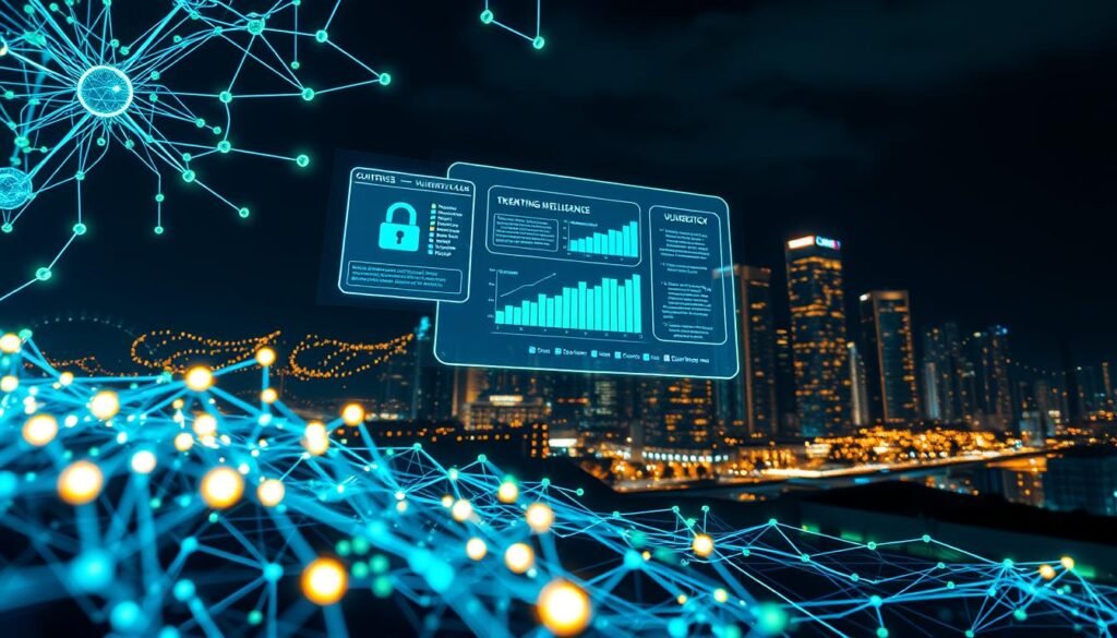 A visually striking representation of cybersecurity vulnerabilities, featuring a futuristic digital landscape. In the foreground, a complex network of interconnected, glowing nodes represents various security vulnerabilities, pulsing with intensity. The middle ground showcases a holographic display with charts and graphs illustrating data analysis and threat intelligence, emphasizing the transformation of vulnerabilities into actionable insights. In the background, a cityscape illuminated by neon lights symbolizes the digital world, creating a sense of urgency and importance. The scene is illuminated by cool blues and greens, with dynamic lighting reflecting the high-tech atmosphere. The mood conveys a blend of caution and innovation, evoking a professional environment focused on cybersecurity solutions. A low-angle shot enhances the dramatic perspective, inviting viewers to engage with the topic visually. A visually striking representation of cybersecurity vulnerabilities, featuring a futuristic digital landscape. In the foreground, a complex network of interconnected, glowing nodes represents various security vulnerabilities, pulsing with intensity. The middle ground showcases a holographic display with charts and graphs illustrating data analysis and threat intelligence, emphasizing the transformation of vulnerabilities into actionable insights. In the background, a cityscape illuminated by neon lights symbolizes the digital world, creating a sense of urgency and importance. The scene is illuminated by cool blues and greens, with dynamic lighting reflecting the high-tech atmosphere. The mood conveys a blend of caution and innovation, evoking a professional environment focused on cybersecurity solutions. A low-angle shot enhances the dramatic perspective, inviting viewers to engage with the topic visually.