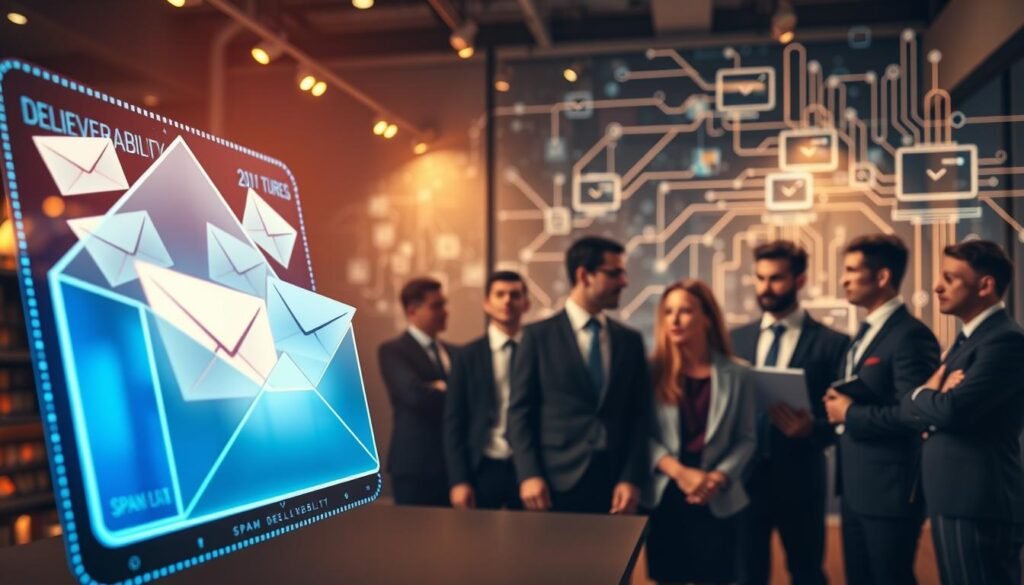 A visually striking representation of "deliverability" in the context of email marketing. In the foreground, a sleek digital interface displays an inbox filled with emails, each depicted as glowing envelopes, symbolizing high deliverability rates. The middle layer features a diverse group of business professionals in business attire, engaged in a discussion, their expressions focused and analytical. In the background, an abstract depiction of a network of servers and data streams, illustrating the concept of spam risks, with quick, flowing lines to signify speed and efficiency. Soft, warm lighting bathes the scene, creating a professional yet inviting atmosphere, captured with a wide-angle lens to encompass the entire environment. The overall mood should convey a sense of urgency balanced with professionalism and clarity. A visually striking representation of "deliverability" in the context of email marketing. In the foreground, a sleek digital interface displays an inbox filled with emails, each depicted as glowing envelopes, symbolizing high deliverability rates. The middle layer features a diverse group of business professionals in business attire, engaged in a discussion, their expressions focused and analytical. In the background, an abstract depiction of a network of servers and data streams, illustrating the concept of spam risks, with quick, flowing lines to signify speed and efficiency. Soft, warm lighting bathes the scene, creating a professional yet inviting atmosphere, captured with a wide-angle lens to encompass the entire environment. The overall mood should convey a sense of urgency balanced with professionalism and clarity.