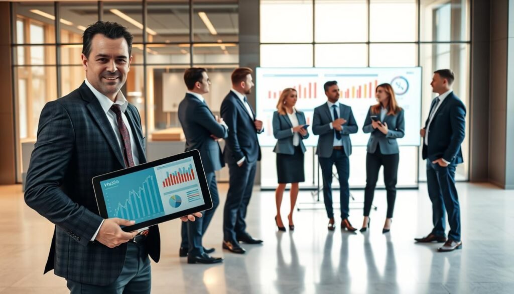 A visually striking scene depicting a professional business comparison between Wati.io and its competitors. In the foreground, a confident business professional in smart attire stands with a digital tablet showcasing graphs and data metrics. The middle layer features two contrasting teams of business professionals in modern office attire engaged in a discussion, analyzing charts on a large screen, with expressions of determination and strategic thinking. The background presents a sleek, contemporary office environment, with large windows letting in natural light, creating a bright and optimistic atmosphere. The lighting should be warm and inviting, reflecting a productive work environment. The overall mood conveys a sense of competition and opportunity, highlighting the advantages Wati.io may offer in business processes. A visually striking scene depicting a professional business comparison between Wati.io and its competitors. In the foreground, a confident business professional in smart attire stands with a digital tablet showcasing graphs and data metrics. The middle layer features two contrasting teams of business professionals in modern office attire engaged in a discussion, analyzing charts on a large screen, with expressions of determination and strategic thinking. The background presents a sleek, contemporary office environment, with large windows letting in natural light, creating a bright and optimistic atmosphere. The lighting should be warm and inviting, reflecting a productive work environment. The overall mood conveys a sense of competition and opportunity, highlighting the advantages Wati.io may offer in business processes.