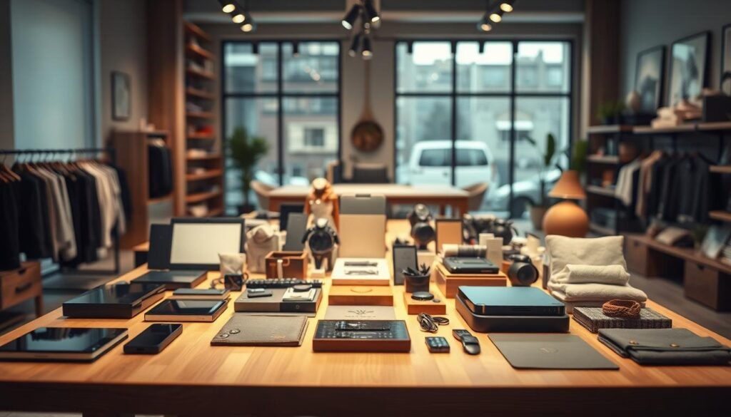 A well-lit, high-quality product showcase featuring an array of premium goods, such as elegant electronics, stylish clothing, and artisan home decor. In the foreground, a sleek wooden table displays carefully arranged products, each item illuminated by soft, diffused lighting to enhance textures and details. The middle layer includes a blurred view of a modern office environment, hinting at a professional atmosphere. In the background, large windows let in natural light, casting gentle shadows that create depth. The overall mood is one of sophistication and reliability, suggesting trust in the quality of the products. Use a wide-angle lens to capture the scene, emphasizing the diversity of high-quality items available through Spocket. A well-lit, high-quality product showcase featuring an array of premium goods, such as elegant electronics, stylish clothing, and artisan home decor. In the foreground, a sleek wooden table displays carefully arranged products, each item illuminated by soft, diffused lighting to enhance textures and details. The middle layer includes a blurred view of a modern office environment, hinting at a professional atmosphere. In the background, large windows let in natural light, casting gentle shadows that create depth. The overall mood is one of sophistication and reliability, suggesting trust in the quality of the products. Use a wide-angle lens to capture the scene, emphasizing the diversity of high-quality items available through Spocket.