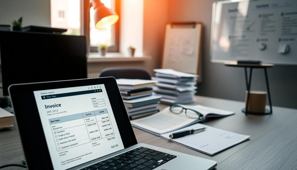 A well-organized office workspace that highlights invoicing and billing processes. In the foreground, a laptop displays an invoice template with a clear breakdown of services rendered and due amounts, illuminated by a soft desk lamp. On the middle desk area, neatly stacked papers and a sleek pen lie beside an open planner, symbolizing organization. In the background, a whiteboard with notes and reminders adds a touch of planning and strategy to the ambiance. Natural light streams through a window, casting a warm glow, enhancing the professional atmosphere. The overall mood is focused and productive, embodying a business environment where invoicing and collections are seamlessly managed. A well-organized office workspace that highlights invoicing and billing processes. In the foreground, a laptop displays an invoice template with a clear breakdown of services rendered and due amounts, illuminated by a soft desk lamp. On the middle desk area, neatly stacked papers and a sleek pen lie beside an open planner, symbolizing organization. In the background, a whiteboard with notes and reminders adds a touch of planning and strategy to the ambiance. Natural light streams through a window, casting a warm glow, enhancing the professional atmosphere. The overall mood is focused and productive, embodying a business environment where invoicing and collections are seamlessly managed.