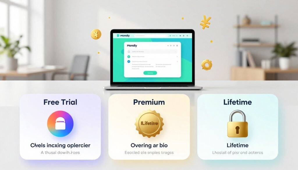 An elegant and modern visual representation of Mondly's pricing plans. In the foreground, display three distinct pricing tiers: a "Free Trial" section featuring a vibrant, inviting icon; a "Premium" plan with an upscale feel, incorporating gold accents and a premium badge; and a "Lifetime" plan symbolized by a sturdy lock, showcasing long-term commitment. Each plan should have a clear, colorful layout to highlight the features. In the middle, integrate a sleek tablet or laptop displaying the Mondly app interface, surrounded by stylized currency symbols to emphasize affordability. The background should be a bright, minimalistic office environment bathed in natural light, creating a fresh and motivating atmosphere. Use a wide-angle lens to capture the entire scene harmoniously. An elegant and modern visual representation of Mondly's pricing plans. In the foreground, display three distinct pricing tiers: a "Free Trial" section featuring a vibrant, inviting icon; a "Premium" plan with an upscale feel, incorporating gold accents and a premium badge; and a "Lifetime" plan symbolized by a sturdy lock, showcasing long-term commitment. Each plan should have a clear, colorful layout to highlight the features. In the middle, integrate a sleek tablet or laptop displaying the Mondly app interface, surrounded by stylized currency symbols to emphasize affordability. The background should be a bright, minimalistic office environment bathed in natural light, creating a fresh and motivating atmosphere. Use a wide-angle lens to capture the entire scene harmoniously.