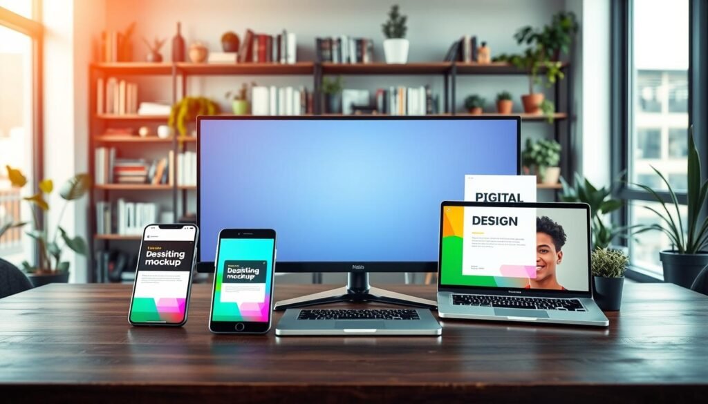 An open workspace featuring a sleek desk displaying a variety of digital mockups on a high-resolution monitor. In the foreground, three different mockups: a smartphone with a vibrant app design, a laptop showcasing a website template, and a poster design on a wall. Soft, natural light filters in from a large window, creating a warm and inviting atmosphere. In the background, shelves filled with design books and plants, enhancing the creative environment. The overall mood is professional yet relaxed, emphasizing innovation and creativity. The scene is captured from a slightly elevated angle, focusing on the details of the mockups and the workspace without any human presence or distracting elements. An open workspace featuring a sleek desk displaying a variety of digital mockups on a high-resolution monitor. In the foreground, three different mockups: a smartphone with a vibrant app design, a laptop showcasing a website template, and a poster design on a wall. Soft, natural light filters in from a large window, creating a warm and inviting atmosphere. In the background, shelves filled with design books and plants, enhancing the creative environment. The overall mood is professional yet relaxed, emphasizing innovation and creativity. The scene is captured from a slightly elevated angle, focusing on the details of the mockups and the workspace without any human presence or distracting elements.