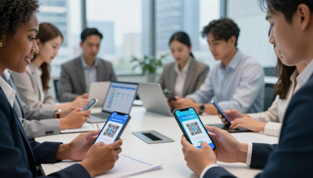 In a bustling modern office environment, a diverse group of professionals, including a Black woman, a Hispanic man, and a Caucasian woman, are gathered around a sleek conference table. Each person is using a smartphone displaying different QR codes for various applications—such as secure payment, product information, and event check-in. In the foreground, a close-up of one smartphone reveals a vibrant QR code scanning interface, illuminated by soft, ambient office lighting. In the middle, blurred but recognizable, documents and laptops showcase strategic digital marketing plans, emphasizing the importance of QR codes in business. The background features large windows with a city skyline outside, creating a dynamic atmosphere of innovation and collaboration. The overall mood is professional and engaging, reflecting the practical uses of QR codes in everyday business scenarios. In a bustling modern office environment, a diverse group of professionals, including a Black woman, a Hispanic man, and a Caucasian woman, are gathered around a sleek conference table. Each person is using a smartphone displaying different QR codes for various applications—such as secure payment, product information, and event check-in. In the foreground, a close-up of one smartphone reveals a vibrant QR code scanning interface, illuminated by soft, ambient office lighting. In the middle, blurred but recognizable, documents and laptops showcase strategic digital marketing plans, emphasizing the importance of QR codes in business. The background features large windows with a city skyline outside, creating a dynamic atmosphere of innovation and collaboration. The overall mood is professional and engaging, reflecting the practical uses of QR codes in everyday business scenarios.