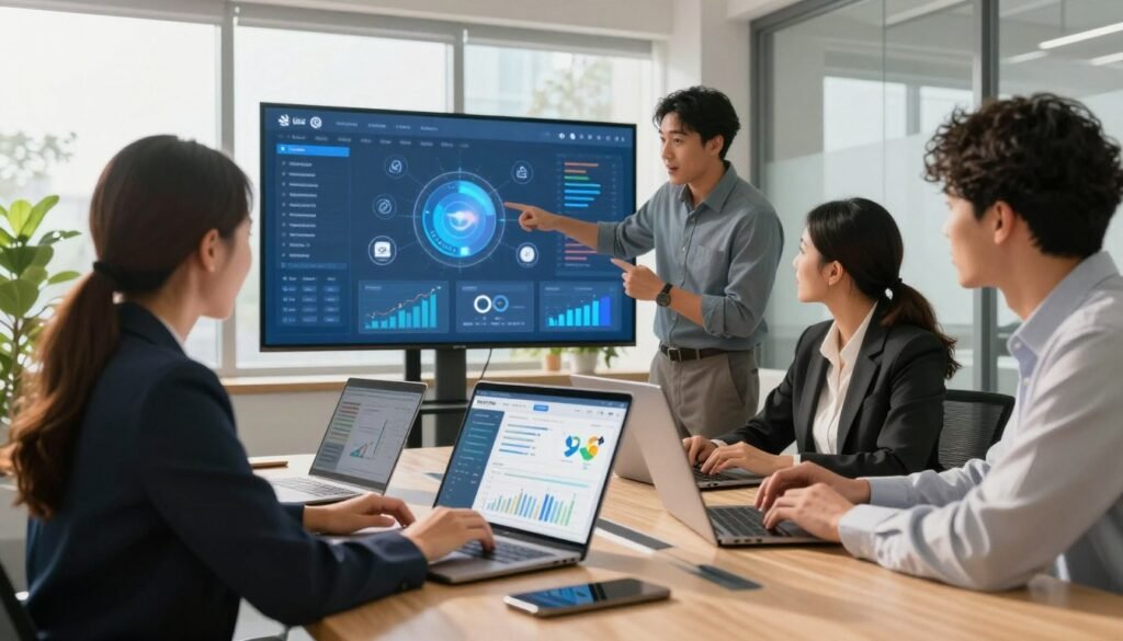 In a modern office environment, a diverse team of three professionals collaborates around a sleek conference table, using laptops and digital devices to automate sales tasks within a CRM application. The foreground features a focused woman in business attire, directly interacting with a dynamic dashboard on her laptop, showcasing digital graphs and automated workflows. In the middle ground, a man gestures enthusiastically, pointing at a large screen displaying an innovative CRM interface filled with intuitive icons and automation features. The background reveals a bright, sunlit office space with greenery and large windows, conveying a productive and inspiring atmosphere. The lighting is warm and inviting, emphasizing teamwork and innovation. The image captures the essence of efficiency, technology, and collaboration, reflecting a commitment to working smarter. In a modern office environment, a diverse team of three professionals collaborates around a sleek conference table, using laptops and digital devices to automate sales tasks within a CRM application. The foreground features a focused woman in business attire, directly interacting with a dynamic dashboard on her laptop, showcasing digital graphs and automated workflows. In the middle ground, a man gestures enthusiastically, pointing at a large screen displaying an innovative CRM interface filled with intuitive icons and automation features. The background reveals a bright, sunlit office space with greenery and large windows, conveying a productive and inspiring atmosphere. The lighting is warm and inviting, emphasizing teamwork and innovation. The image captures the essence of efficiency, technology, and collaboration, reflecting a commitment to working smarter.