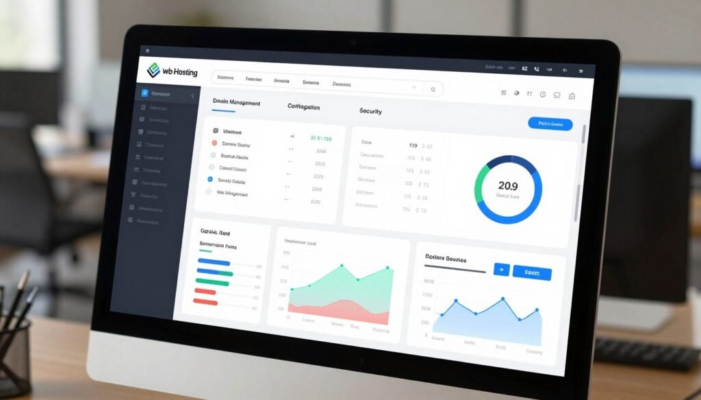 A complex web hosting control panel displayed on a sleek, modern desktop interface. In the foreground, various colorful graphs and performance metrics illustrate server uptime and bandwidth usage, with interactive buttons and sliders for user interaction. The middle ground features a detailed dashboard with sections labeled for domain management, email configuration, and security settings. The background shows a blurred office environment, hinting at a tech workspace. Soft, natural lighting casts gentle shadows, enhancing the modern and professional atmosphere. The image should evoke a sense of efficiency and ease of use, demonstrating the streamlined process of managing web hosting services, captured from a slightly elevated angle to give a comprehensive view of the panel. A complex web hosting control panel displayed on a sleek, modern desktop interface. In the foreground, various colorful graphs and performance metrics illustrate server uptime and bandwidth usage, with interactive buttons and sliders for user interaction. The middle ground features a detailed dashboard with sections labeled for domain management, email configuration, and security settings. The background shows a blurred office environment, hinting at a tech workspace. Soft, natural lighting casts gentle shadows, enhancing the modern and professional atmosphere. The image should evoke a sense of efficiency and ease of use, demonstrating the streamlined process of managing web hosting services, captured from a slightly elevated angle to give a comprehensive view of the panel.