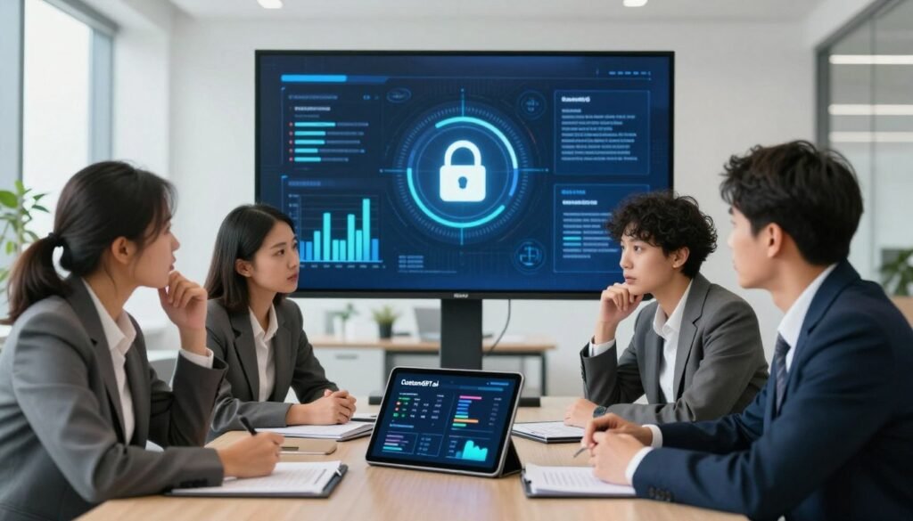 A conceptual illustration depicting the evaluation of security compliance limitations of CustomGPT.ai. In the foreground, show a diverse group of professionals in business attire engaged in a thoughtful discussion, with one person pointing to a digital tablet displaying security metrics. In the middle ground, include a large screen featuring abstract graphs and security icons, symbolizing data analysis and compliance challenges. The background should depict a modern office environment with large windows allowing natural light, creating a bright and open atmosphere. Use a wide-angle lens perspective to emphasize collaboration among the team. The mood should be focused and serious, reflecting the critical nature of security compliance in technology. A conceptual illustration depicting the evaluation of security compliance limitations of CustomGPT.ai. In the foreground, show a diverse group of professionals in business attire engaged in a thoughtful discussion, with one person pointing to a digital tablet displaying security metrics. In the middle ground, include a large screen featuring abstract graphs and security icons, symbolizing data analysis and compliance challenges. The background should depict a modern office environment with large windows allowing natural light, creating a bright and open atmosphere. Use a wide-angle lens perspective to emphasize collaboration among the team. The mood should be focused and serious, reflecting the critical nature of security compliance in technology.