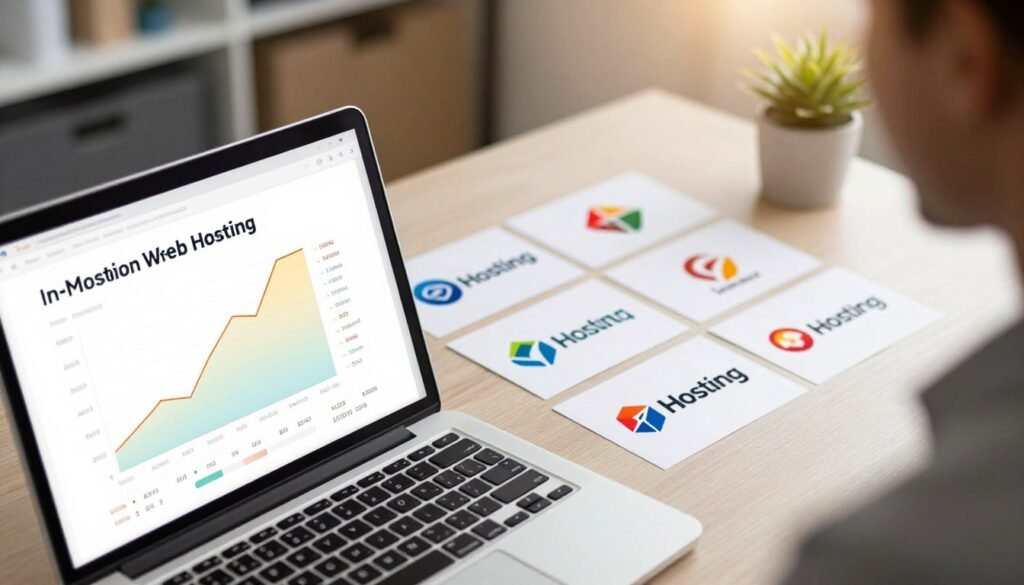 A digitally rendered comparison chart featuring various web hosting providers, prominently displaying InMotion Hosting as a strong contender. The foreground showcases a sleek, polished laptop screen with colorful graphs and statistics illustrating performance metrics. In the middle, an office desk with various hosting logos arranged discussion-style, emphasizing a professional atmosphere. The background includes a softly blurred office setting with modern decor and warm lighting creating an inviting ambiance. The scene conveys a sense of trust and reliability in the technology sector. Use soft-focus and a slight overhead angle to enhance depth, ensuring the image is clean and visually appealing without any text or branding overlays. A digitally rendered comparison chart featuring various web hosting providers, prominently displaying InMotion Hosting as a strong contender. The foreground showcases a sleek, polished laptop screen with colorful graphs and statistics illustrating performance metrics. In the middle, an office desk with various hosting logos arranged discussion-style, emphasizing a professional atmosphere. The background includes a softly blurred office setting with modern decor and warm lighting creating an inviting ambiance. The scene conveys a sense of trust and reliability in the technology sector. Use soft-focus and a slight overhead angle to enhance depth, ensuring the image is clean and visually appealing without any text or branding overlays.