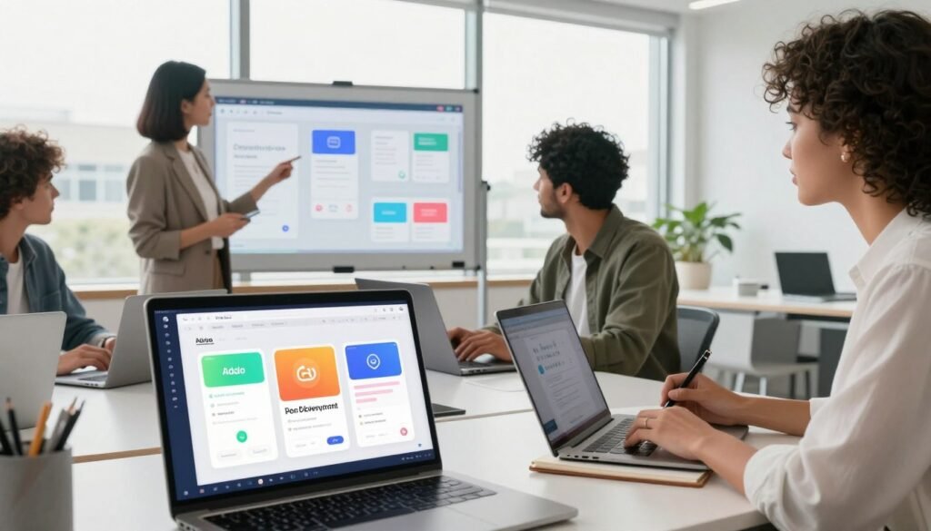 A modern workspace showcasing a diverse group of professionals collaboratively interacting with a variety of no-code development platforms on sleek laptops and digital devices. In the foreground, a close-up of a laptop screen displaying vibrant user interfaces of alternative no-code tools, such as Glide and Adalo, with colorful app mockups. In the middle, a diverse team of three: a woman in professional attire presenting ideas on a digital whiteboard, a man reviewing app designs, and another woman taking notes, all deeply focused on their project. The background features large windows with natural light streaming in, giving a bright and inspiring atmosphere. The overall mood is one of innovation and teamwork, emphasizing creativity and modern technology in app development. A modern workspace showcasing a diverse group of professionals collaboratively interacting with a variety of no-code development platforms on sleek laptops and digital devices. In the foreground, a close-up of a laptop screen displaying vibrant user interfaces of alternative no-code tools, such as Glide and Adalo, with colorful app mockups. In the middle, a diverse team of three: a woman in professional attire presenting ideas on a digital whiteboard, a man reviewing app designs, and another woman taking notes, all deeply focused on their project. The background features large windows with natural light streaming in, giving a bright and inspiring atmosphere. The overall mood is one of innovation and teamwork, emphasizing creativity and modern technology in app development.