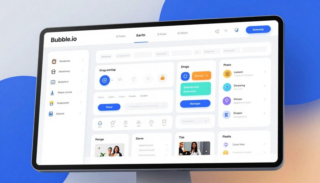 A sleek and modern interface of a no-code development platform, focusing on the essential features of Bubble.io. In the foreground, a well-designed dashboard displaying various app development tools, icons, and widgets, neatly arranged for user accessibility. In the middle, a visual representation of a drag-and-drop editor, showcasing colorful elements like buttons, text fields, and images, demonstrating an intuitive workspace. The background features soft gradients of blue and white, enhancing the tech-savvy atmosphere, with subtle lighting that casts warm tones on the interface. Use a slight angle to add depth, emphasizing the workspace's interactive elements. Convey a mood of innovation and creativity, suitable for aspiring developers and tech enthusiasts. A sleek and modern interface of a no-code development platform, focusing on the essential features of Bubble.io. In the foreground, a well-designed dashboard displaying various app development tools, icons, and widgets, neatly arranged for user accessibility. In the middle, a visual representation of a drag-and-drop editor, showcasing colorful elements like buttons, text fields, and images, demonstrating an intuitive workspace. The background features soft gradients of blue and white, enhancing the tech-savvy atmosphere, with subtle lighting that casts warm tones on the interface. Use a slight angle to add depth, emphasizing the workspace's interactive elements. Convey a mood of innovation and creativity, suitable for aspiring developers and tech enthusiasts.