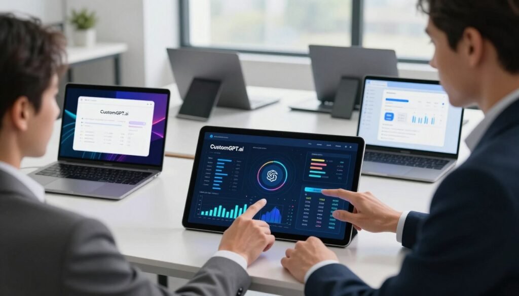 A sleek, modern workspace showcasing the essential features of CustomGPT.ai. In the foreground, a professional individual, dressed in smart business attire, interacts with a futuristic touchscreen interface displaying dynamic graphs and intelligent data analytics. The middle ground features various high-tech devices such as laptops and tablets, all showcasing vibrant, interactive displays of the CustomGPT.ai platform. The background includes a stylish office setting with large windows allowing soft, natural light to fill the room, creating a collaborative atmosphere. The overall mood is innovative and forward-thinking, with a bright color palette that conveys excitement and potential for growth. The scene is captured from a slightly elevated angle, emphasizing the technology and engagement of the workspace. A sleek, modern workspace showcasing the essential features of CustomGPT.ai. In the foreground, a professional individual, dressed in smart business attire, interacts with a futuristic touchscreen interface displaying dynamic graphs and intelligent data analytics. The middle ground features various high-tech devices such as laptops and tablets, all showcasing vibrant, interactive displays of the CustomGPT.ai platform. The background includes a stylish office setting with large windows allowing soft, natural light to fill the room, creating a collaborative atmosphere. The overall mood is innovative and forward-thinking, with a bright color palette that conveys excitement and potential for growth. The scene is captured from a slightly elevated angle, emphasizing the technology and engagement of the workspace.