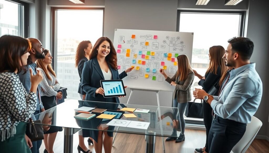 A dynamic and inspiring scene featuring a diverse group of professionals in a modern office environment, actively discussing and brainstorming their digital strategy goals. In the foreground, a confident woman in business attire stands at a glass table, surrounded by colleagues who are engaged in conversation and pointing to a digital tablet displaying graphs and charts. The middle ground includes a large whiteboard filled with colorful post-it notes and diagrams illustrating a clear digital vision. In the background, large windows let in natural light, casting a warm glow across the room, creating a collaborative and innovative atmosphere. The overall mood conveys motivation, clarity, and teamwork in building a successful digital strategy. A dynamic and inspiring scene featuring a diverse group of professionals in a modern office environment, actively discussing and brainstorming their digital strategy goals. In the foreground, a confident woman in business attire stands at a glass table, surrounded by colleagues who are engaged in conversation and pointing to a digital tablet displaying graphs and charts. The middle ground includes a large whiteboard filled with colorful post-it notes and diagrams illustrating a clear digital vision. In the background, large windows let in natural light, casting a warm glow across the room, creating a collaborative and innovative atmosphere. The overall mood conveys motivation, clarity, and teamwork in building a successful digital strategy.