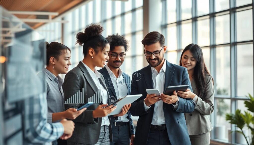 A modern corporate environment depicting change management and organizational transformation. In the foreground, a diverse group of professionals in business attire is engaged in a collaborative discussion, using digital devices and interactive boards. In the middle ground, visuals of graphs and flowcharts illustrating strategic planning and innovation are present. The background features a contemporary office with large windows that allow natural light to flood in, creating a bright and inspiring atmosphere. Soft lighting casts gentle highlights on the individuals, emphasizing a mood of optimism and teamwork. The scene captures a dynamic and forward-thinking organizational culture focused on growth and adaptation. The composition is shot from a slightly elevated angle, providing a comprehensive view of the collaborative environment. A modern corporate environment depicting change management and organizational transformation. In the foreground, a diverse group of professionals in business attire is engaged in a collaborative discussion, using digital devices and interactive boards. In the middle ground, visuals of graphs and flowcharts illustrating strategic planning and innovation are present. The background features a contemporary office with large windows that allow natural light to flood in, creating a bright and inspiring atmosphere. Soft lighting casts gentle highlights on the individuals, emphasizing a mood of optimism and teamwork. The scene captures a dynamic and forward-thinking organizational culture focused on growth and adaptation. The composition is shot from a slightly elevated angle, providing a comprehensive view of the collaborative environment.